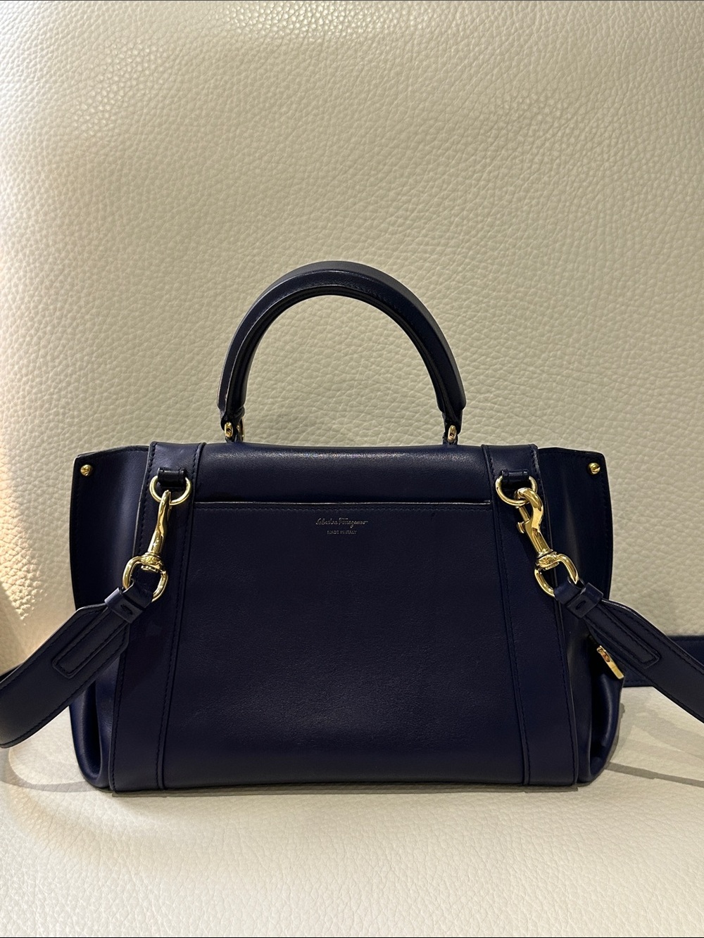 Salvatore Ferragamo Sofia Small Satchel in navy blue with gold-tone hardware. - Picture 2 of 11